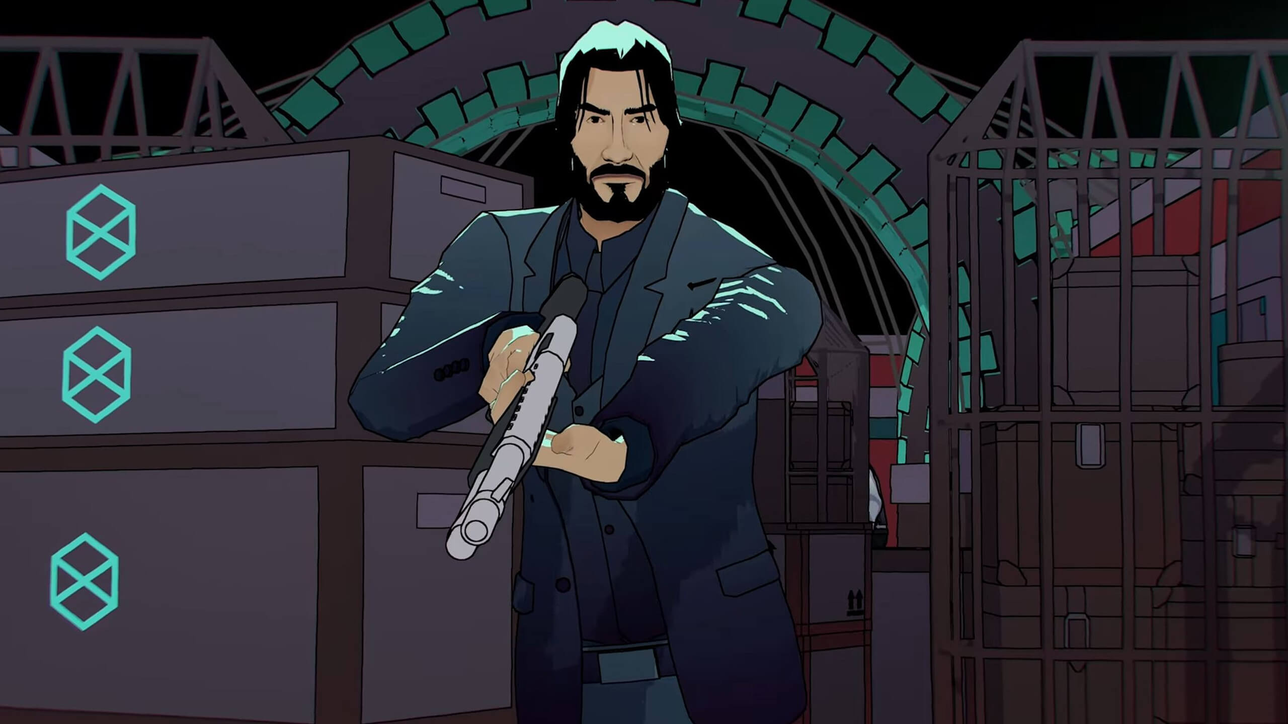 John Wick looking at the camera while holding a gun in John Wick Hex